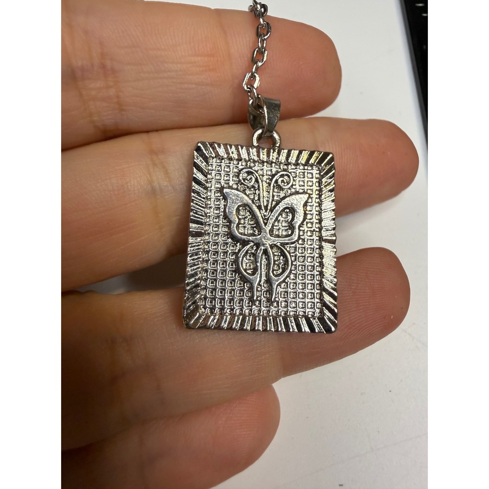 Silver Tone Butterfly Rectangle Pendant Necklace Adjustable Link Chain